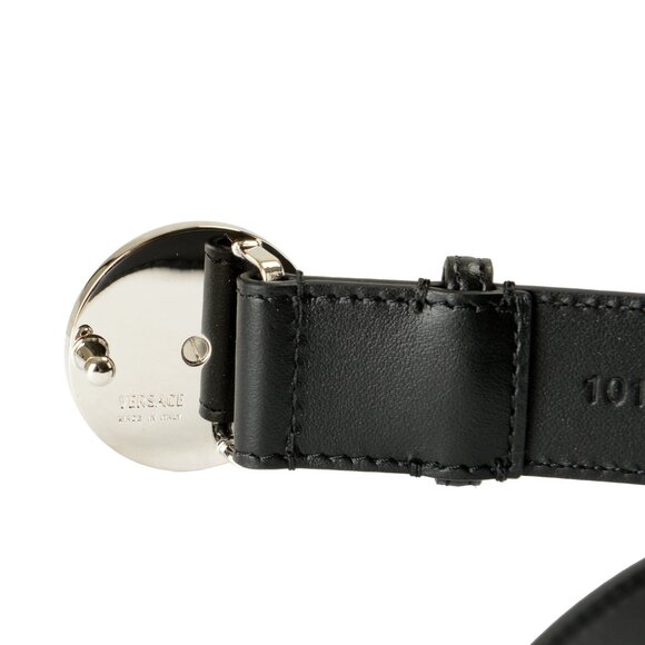 Versace Black 100% Leather Silver Medusa Head Logo Decorated Belt US 34 IT 85